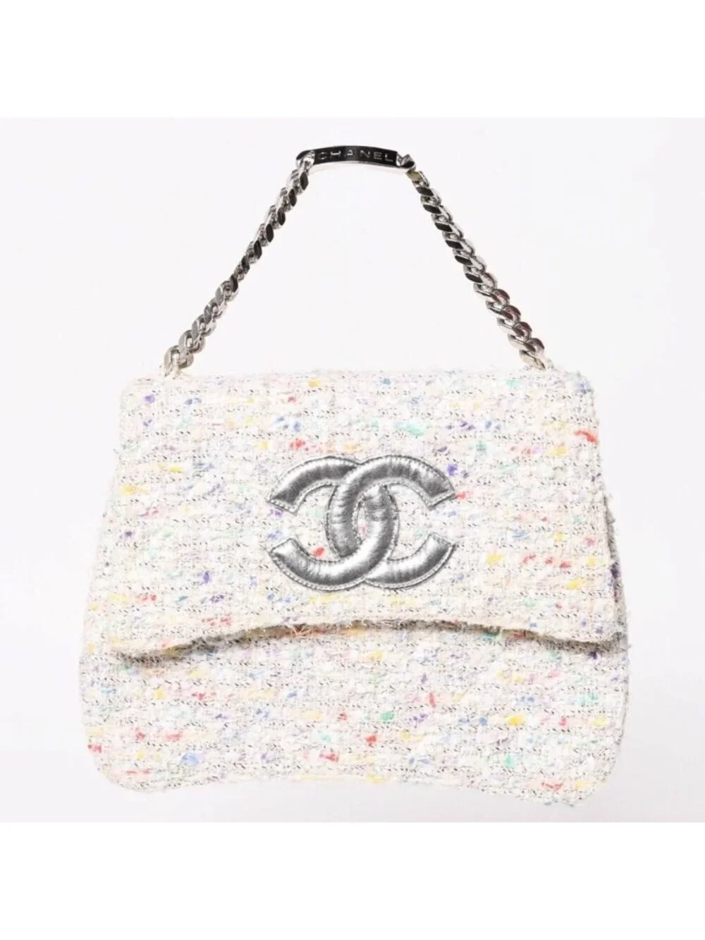 Chanel Confetti Tweed Chain Shoulder Bag Flap Ivory Multicolor CC Logo Silver